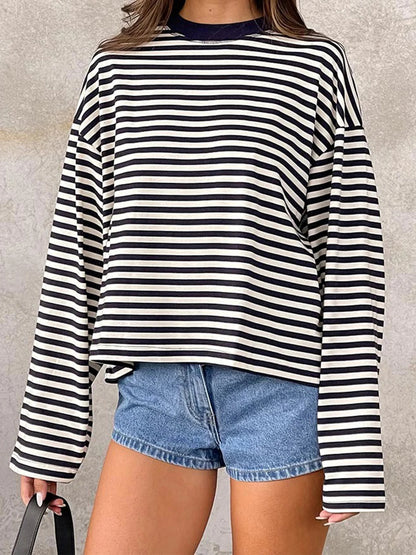Women’s Retro Striped Long Sleeve T-Shirt, Loose Fit Crew Neck Casual Top, Vintage Streetwear Fall Pullover Tee for Ladies