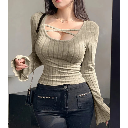 Women’s Ribbed Knit Long Sleeve T-Shirt with Square Neck and Cross Strap, Slim Fit Solid Color Casual Top for Autumn and Winter Streetwear
