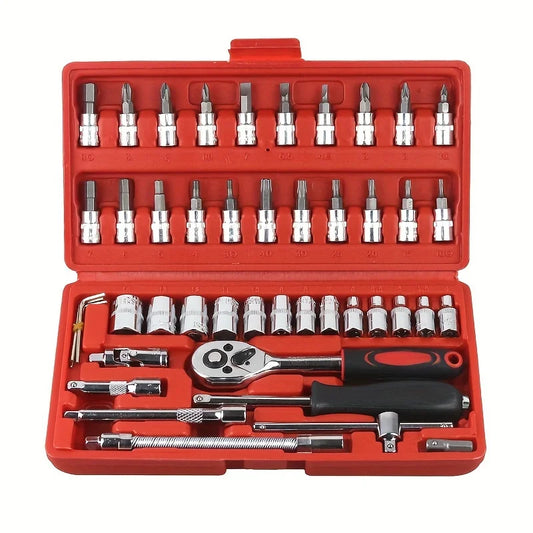 46-Piece Car & Bicycle Repair Tool Kit, Ratchet Torque Wrench Socket Set with Spanner and Screwdriver