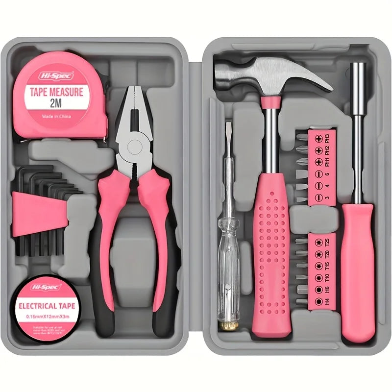 24-Piece Pink Tool Kit for Women, Mini Home Toolbox Set with Hammer, Pliers, Wrench and Screwdriver