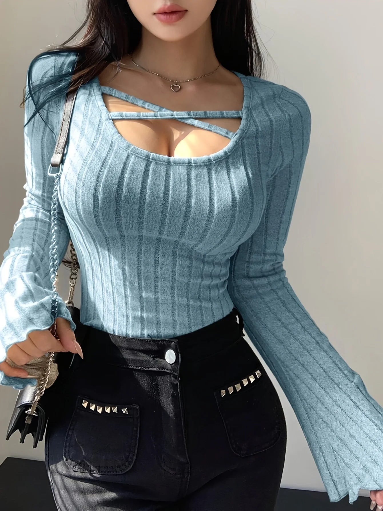 Women’s Ribbed Knit Long Sleeve T-Shirt with Square Neck and Cross Strap, Slim Fit Solid Color Casual Top for Autumn and Winter Streetwear