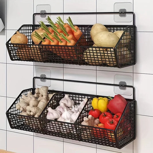 Wall-Mounted Kitchen Storage Basket – Durable Wire Rack for Vegetables & Fruits Home Organizer