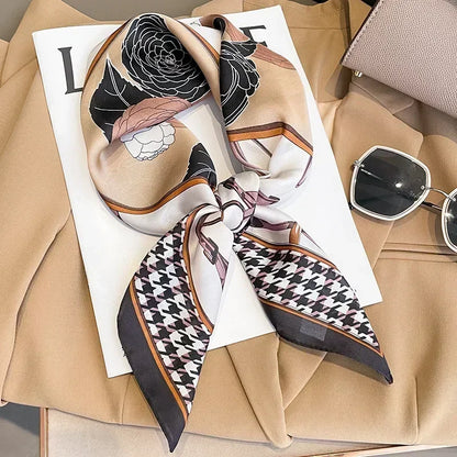 Luxury Printed Silk-Style Square Scarf for Women, Soft Satin Neckerchief Headband and Hair Ribbon, Fashion Hijab and Bag Accessory for Office and Daily Wear