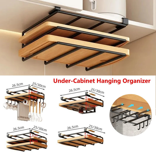 Under Cabinet Kitchen Hanging Organizer Rack with Hooks, Paper Towel, Cutting Board & Pot Lid Holder