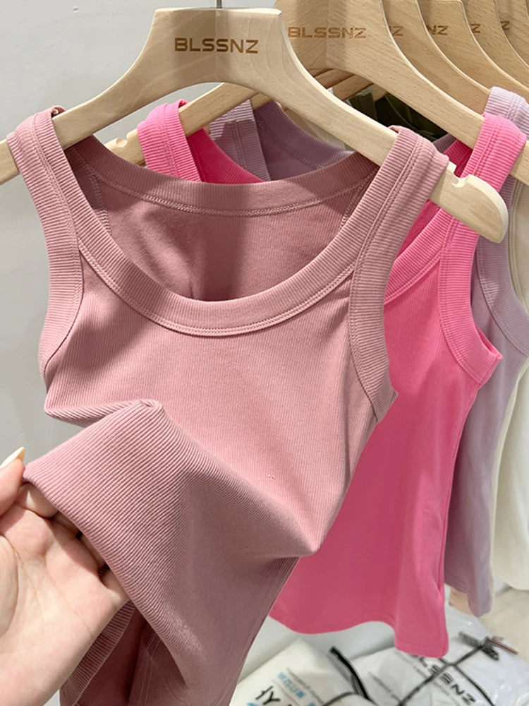 Women’s Ribbed Cotton Tank Top Solid Color Round Neck Camisole, High Stretch Summer Basic O-Neck Sleeveless Casual Top