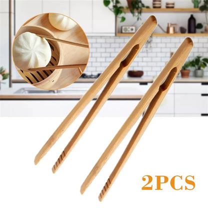 2PCS Bamboo Wood Food Tongs 18cm – Wooden Toast Salad Tongs for Bacon, Sugar, Ice, Tea, and Kitchen Use
