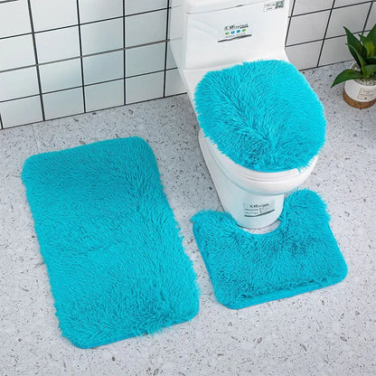 3PCS Bathroom Rug Set, Non-Slip Bath Mats with Toilet Lid Cover, Soft Fluffy Solid Color Bathroom Carpet Set