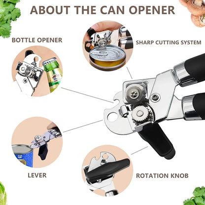 Professional Manual Can Opener – Multifunctional Stainless Steel Can and Bottle Opener Kitchen Gadget