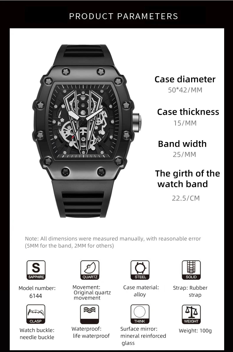 WLISTH Men’s Large Dial Square Quartz Watch, Waterproof Sport Wristwatch with Luminous Hands, Rubber Strap, and Calendar Display