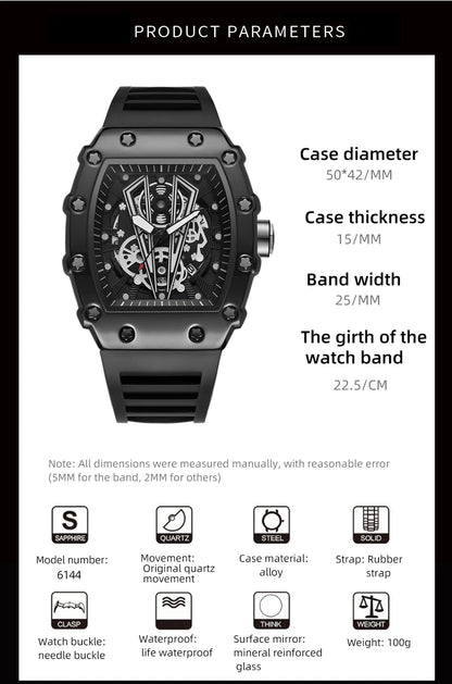 WLISTH Men’s Large Dial Square Quartz Watch, Waterproof Sport Wristwatch with Luminous Hands, Rubber Strap, and Calendar Display