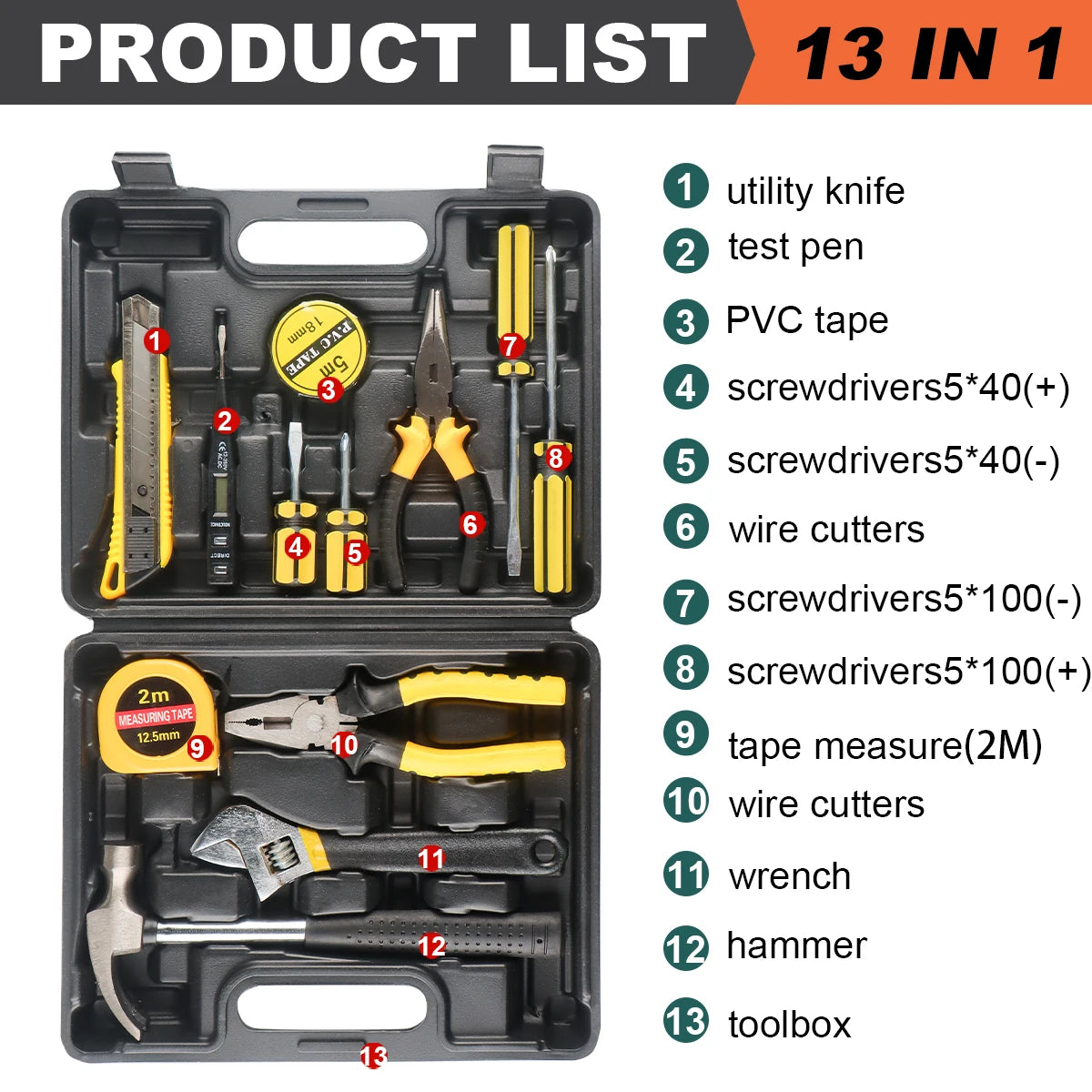WOZOBUY Household Tool Kit Set, 8/9/12/13-Piece General Hand Tool Set with Plastic Toolbox for Home and Car Repair
