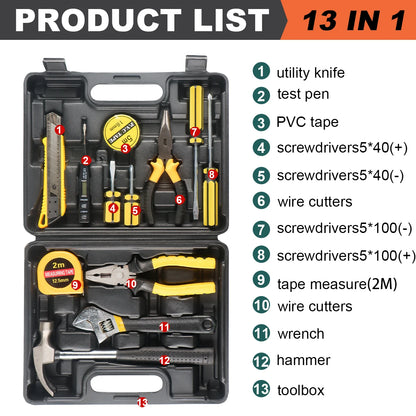 WOZOBUY Household Tool Kit Set, 8/9/12/13-Piece General Hand Tool Set with Plastic Toolbox for Home and Car Repair
