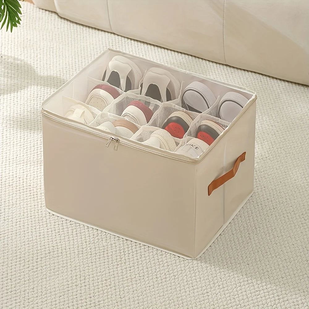 Foldable Shoe Organizer with Lid – Heavy-Duty Oxford Fabric Storage Box with Clear Front Panel