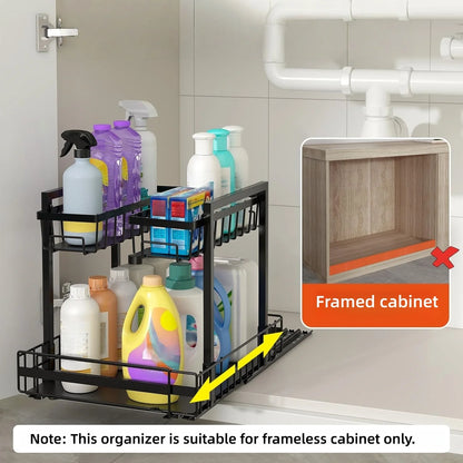 2-Tier Expandable Under Sink Organizer – Adjustable Metal Storage Shelf for Kitchen & Bathroom (Black)