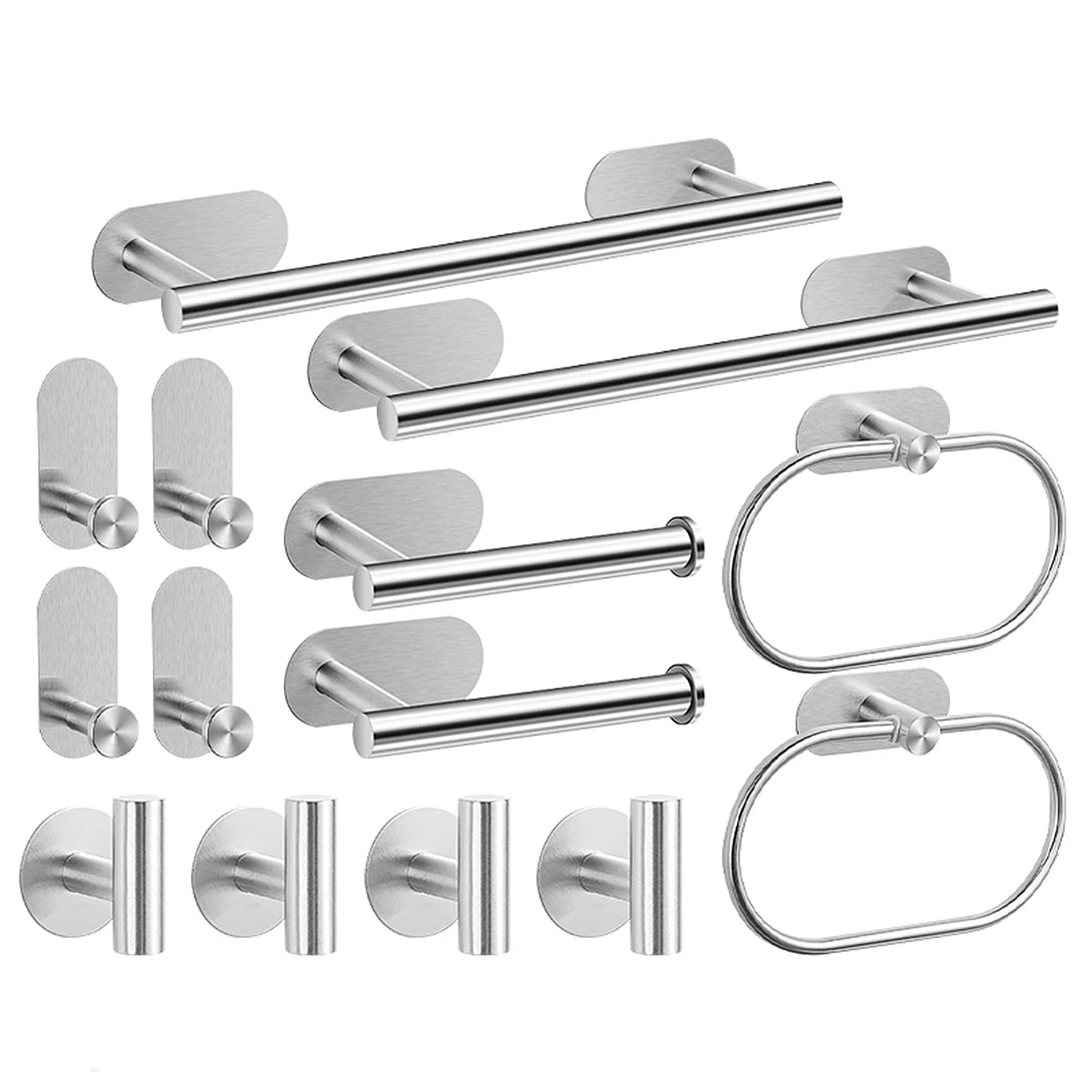 No-Drill Stainless Steel Bathroom Accessories Set, Self-Adhesive Towel Bar, Paper Holder, Towel Ring & Robe Hook