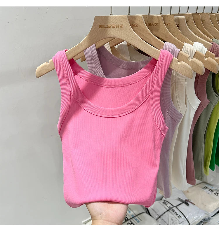 Women’s Ribbed Cotton Tank Top Solid Color Round Neck Camisole, High Stretch Summer Basic O-Neck Sleeveless Casual Top