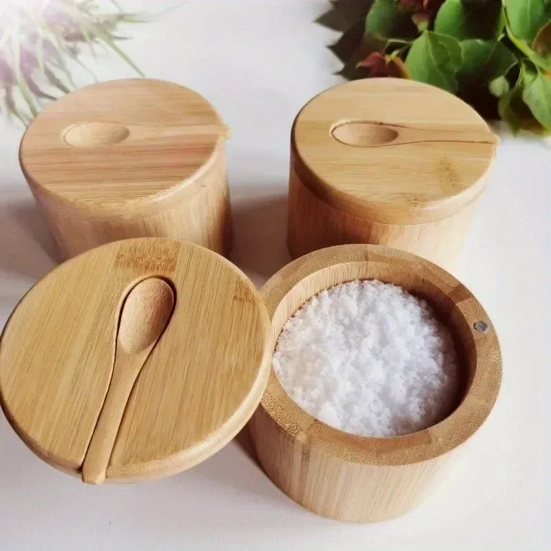 Salt Seasoning Jars Pepper Jar Set – Bamboo Condiment Box Sugar Storage Pot with Lid Multi-Purpose Bowls