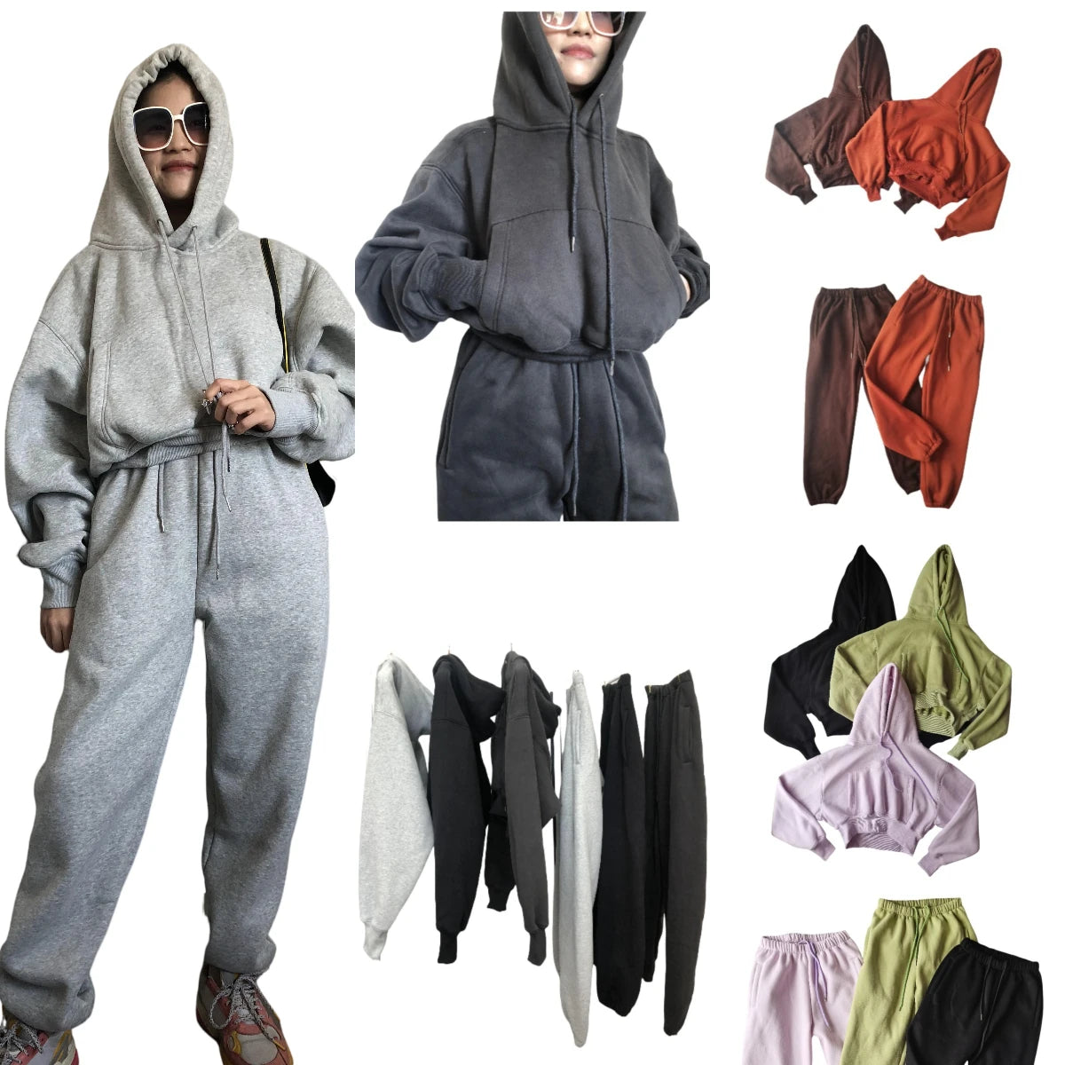 Women’s Fleece Hoodie and Jogger Pants 2-Piece Tracksuit Set, Warm Solid Color Sweat Suit for Fall and Winter Casual Sports Outfit