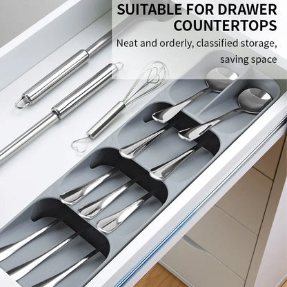 Kitchen Drawer Cutlery Storage Tray, Multi-Functional Knife Holder & Spoon Fork Organizer with Spice Bottle Storage Rack