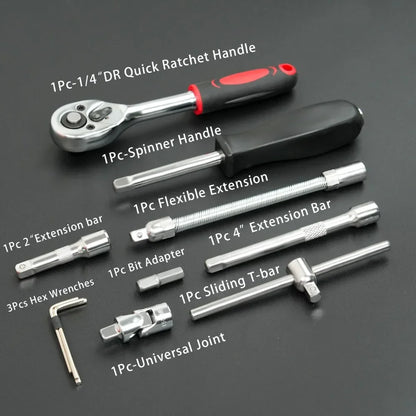 46-Piece Auto Repair Tool Kit, Combination Ratchet Wrench and Socket Set for Car Maintenance with Toolbox