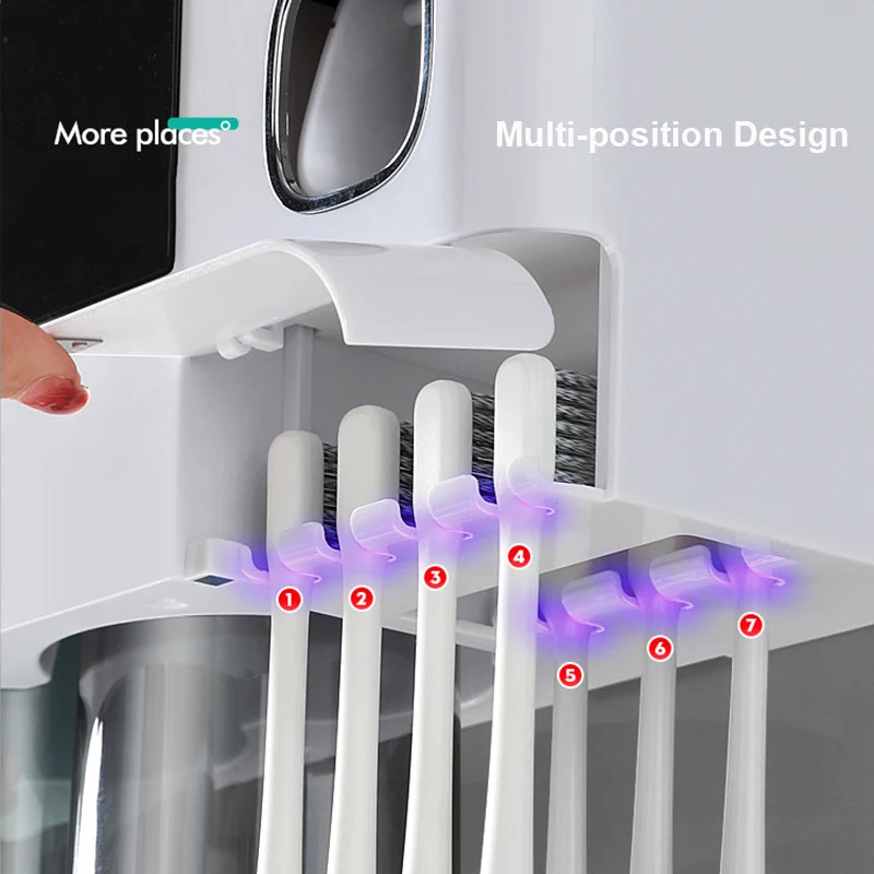 Bathroom Accessories Set with Automatic Toothpaste Dispenser, Magnetic Inverted Toothbrush Holder & Storage Rack