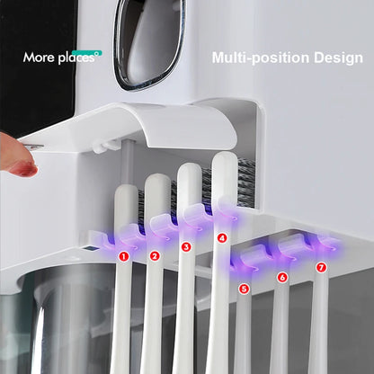Bathroom Accessories Set with Automatic Toothpaste Dispenser, Magnetic Inverted Toothbrush Holder & Storage Rack
