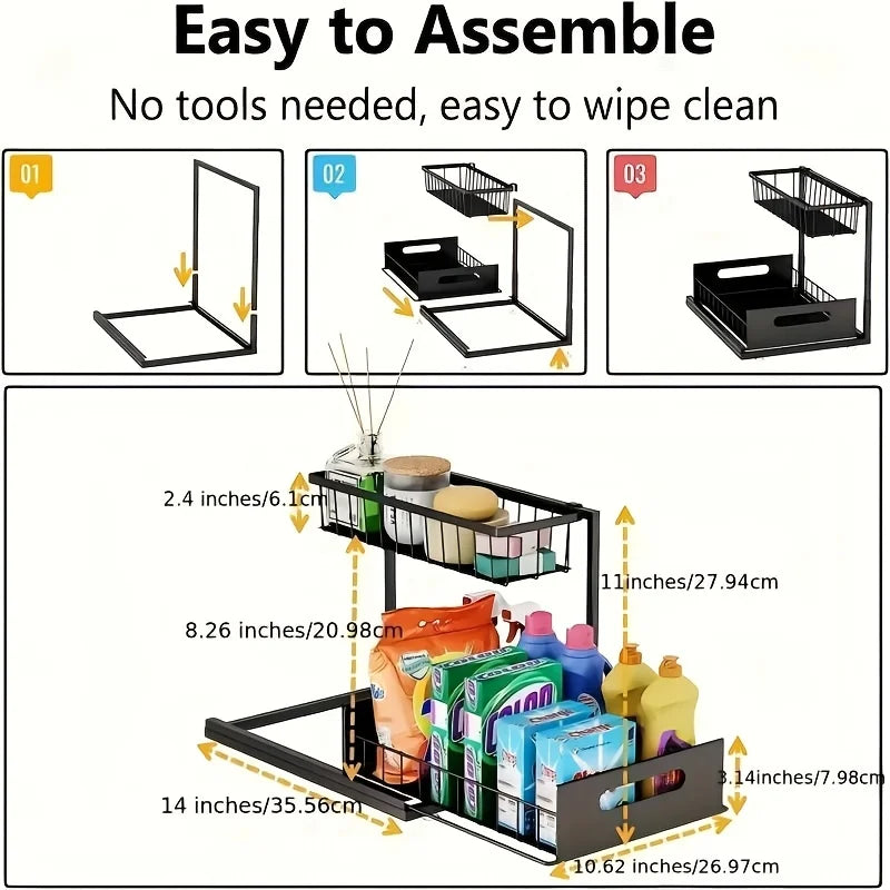 2-Tier Sliding Under Sink Organizer – Rustproof Metal Storage Rack for Kitchen & Bathroom Cabinets