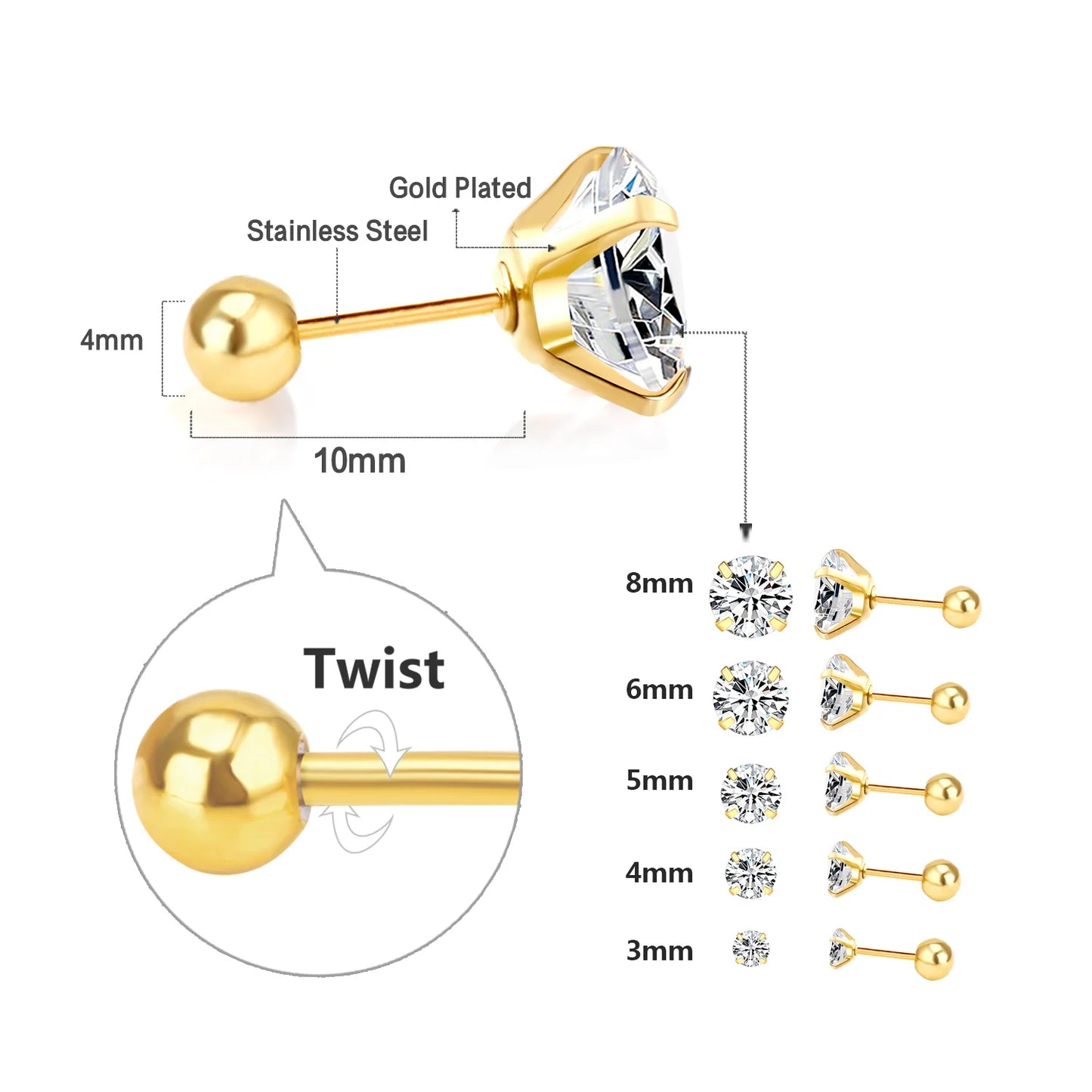 LUXUSTEEL Stainless Steel Crystal Stud Earrings for Men and Women, Round Clear Cubic Zirconia 4-Prong Tragus and Lobe Jewelry, 1 Pair (2 Pieces)