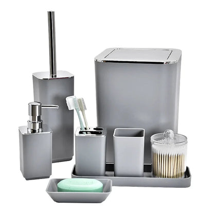 8PCS Bathroom Accessories Set, Plastic Storage Set with Soap Dispenser, Toilet Brush, Trash Can & Toothbrush Holder