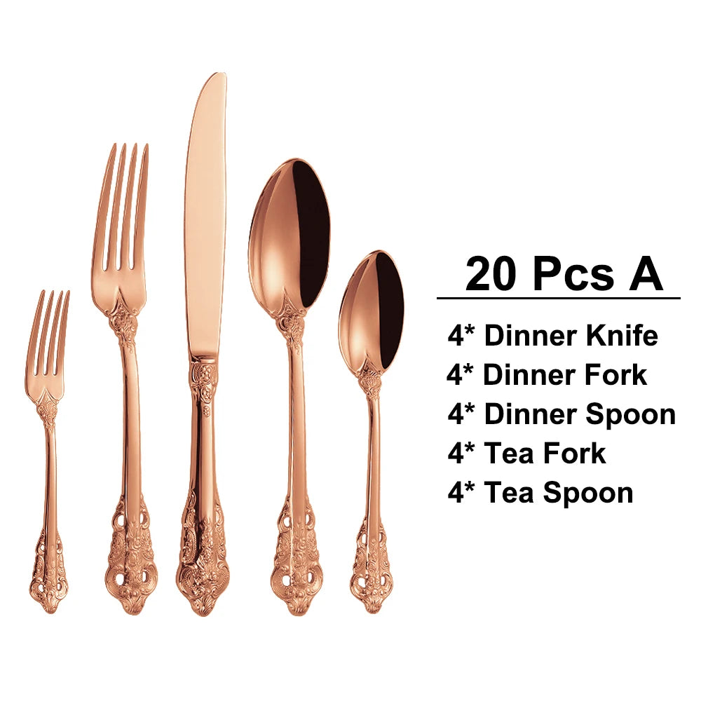 20/30PCS Luxury Gold & Silver Cutlery Set, Vintage Stainless Steel Flatware with Engraved Forks, Spoons & Knives