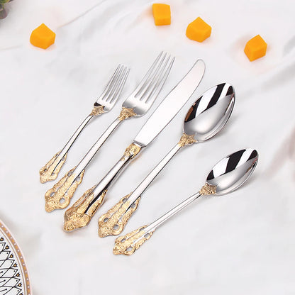 20/30PCS Luxury Gold & Silver Cutlery Set, Vintage Stainless Steel Flatware with Engraved Forks, Spoons & Knives