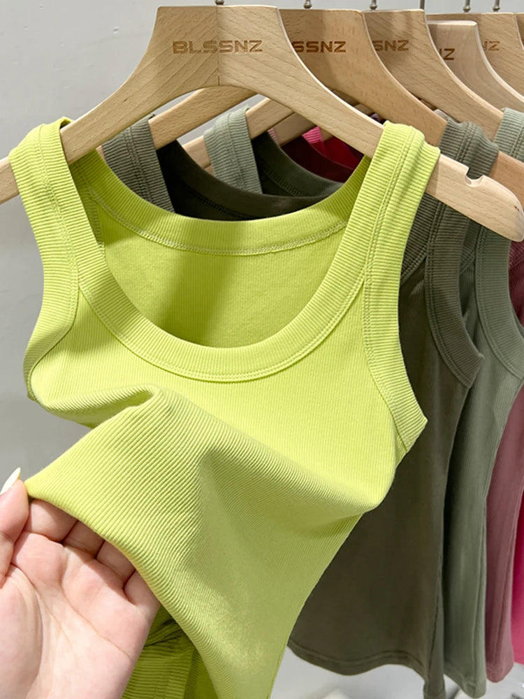 Women’s Ribbed Cotton Tank Top Solid Color Round Neck Camisole, High Stretch Summer Basic O-Neck Sleeveless Casual Top