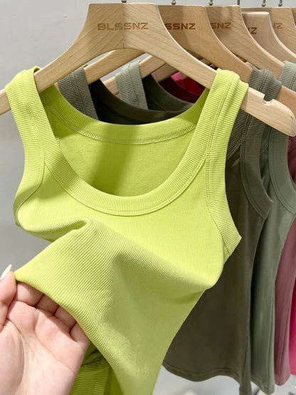 Women’s Ribbed Cotton Tank Top Solid Color Round Neck Camisole, High Stretch Summer Basic O-Neck Sleeveless Casual Top