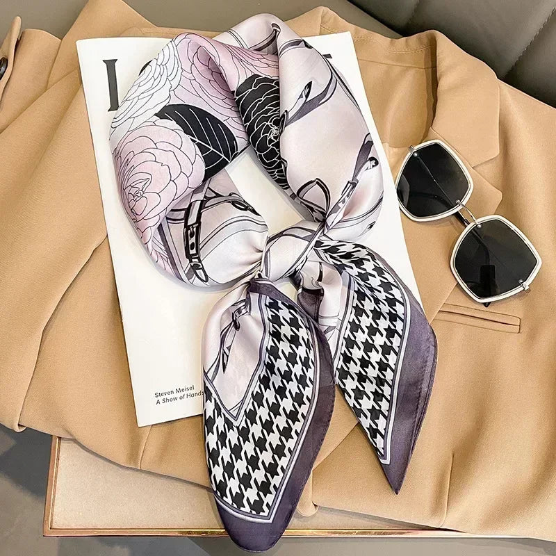Luxury Printed Silk-Style Square Scarf for Women, Soft Satin Neckerchief Headband and Hair Ribbon, Fashion Hijab and Bag Accessory for Office and Daily Wear