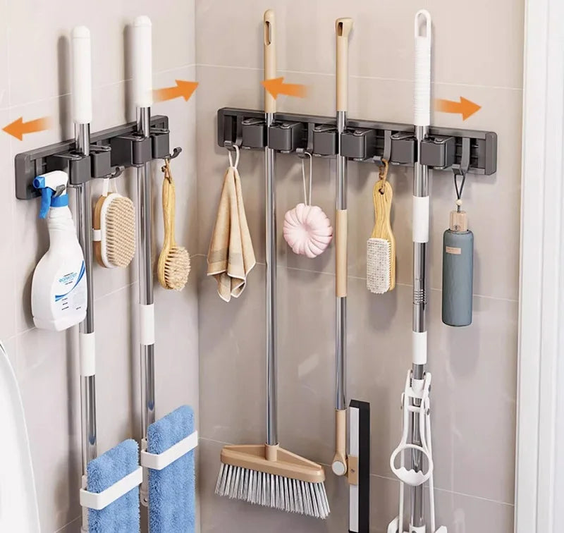 Aluminum Mop Holder Wall Mounted – Adjustable Broom & Mop Organizer Rack with Hooks and Strong Adhesive