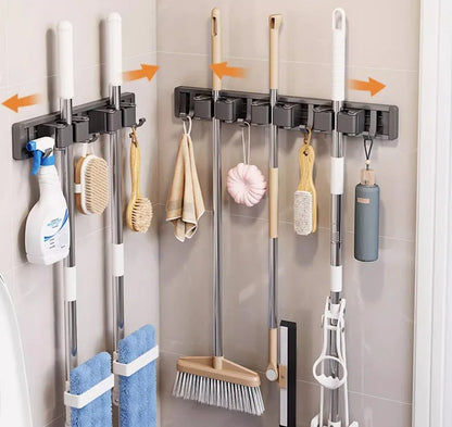 Aluminum Mop Holder Wall Mounted – Adjustable Broom & Mop Organizer Rack with Hooks and Strong Adhesive