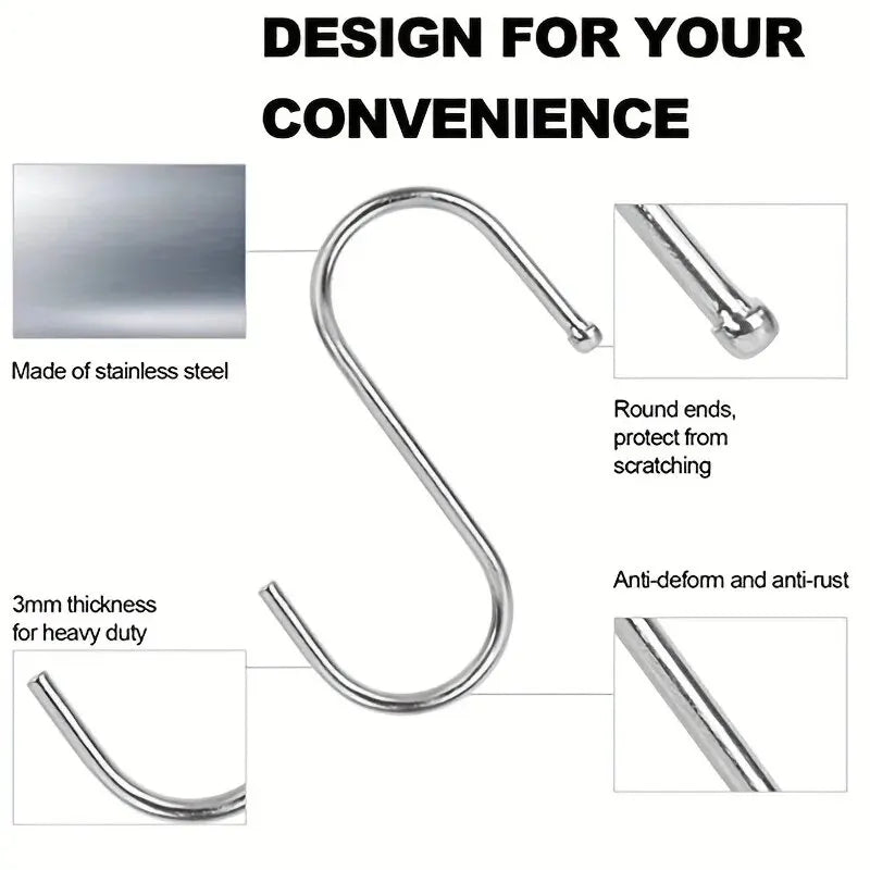 10Pcs Stainless Steel S-Shaped Hooks – Multi-Functional Metal Hanging Hooks for Kitchen & Bathroom