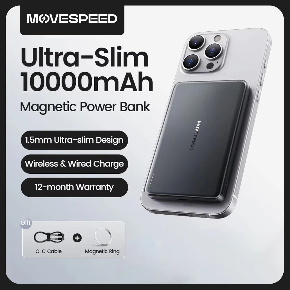 MOVESPEED S10 Slim Magnetic Power Bank 10000mAh, PD 20W Fast Charging Wireless Portable Charger with LED Indicator, USB-C External Battery for iPhone and Samsung