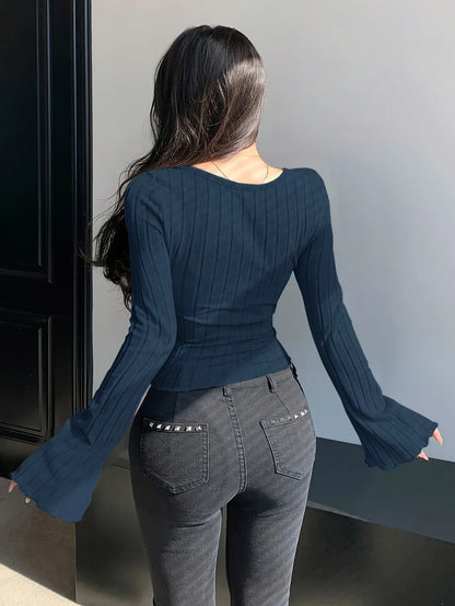Women’s Ribbed Knit Long Sleeve T-Shirt with Square Neck and Cross Strap, Slim Fit Solid Color Casual Top for Autumn and Winter Streetwear