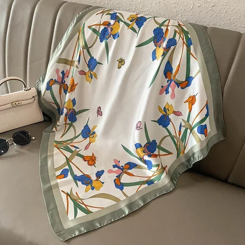 Luxury Printed Silk-Style Square Scarf for Women, Soft Satin Neckerchief Headband and Hair Ribbon, Fashion Hijab and Bag Accessory for Office and Daily Wear