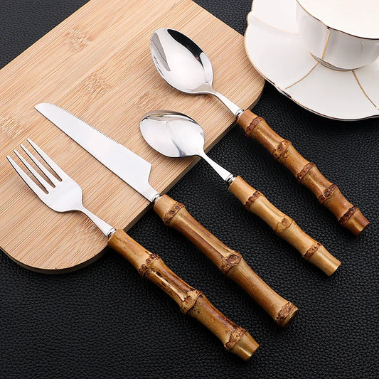 24PCS Bamboo Cutlery Set, Stainless Steel Flatware with Natural Bamboo Handles for Dinner & Steak