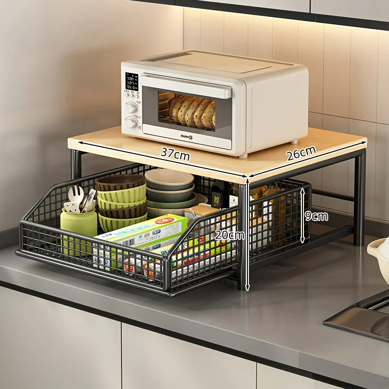 Modern Kitchen Microwave Rack, Solid Wood & Metal Countertop Storage Shelf, Space-Saving Organizer