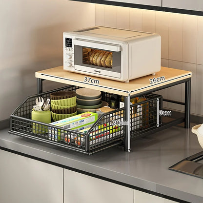 Modern Kitchen Microwave Rack, Solid Wood & Metal Countertop Storage Shelf, Space-Saving Organizer