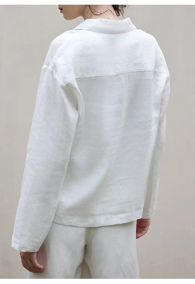 Women’s 100% Linen Half-Button V-Neck Shirt, Long Sleeve Turn-Down Collar Casual Retro Blouse for Spring and Daily Wear