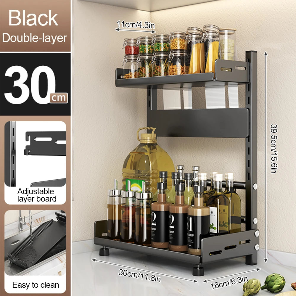 3-Tier Spice Storage Rack for Countertop, Adjustable Metal Kitchen Organizer Shelf for Cabinet & Pantry – Black