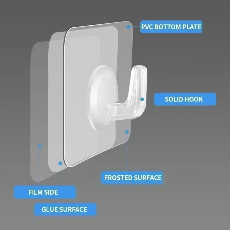Self-Adhesive Wall Hooks, Transparent Heavy Duty Sticky Hooks for Kitchen, Bathroom, Door & Closet, Towel and Key Hook Set