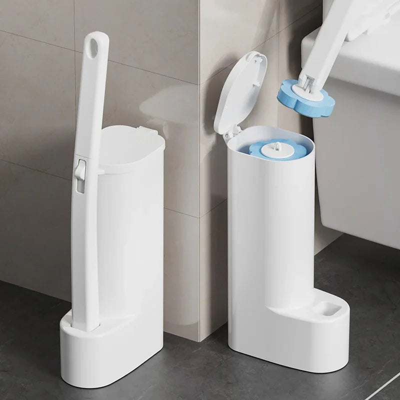 White Disposable Toilet Brush Cleaner with Long Handle, Replaceable Brush Head Bathroom Cleaning Accessory