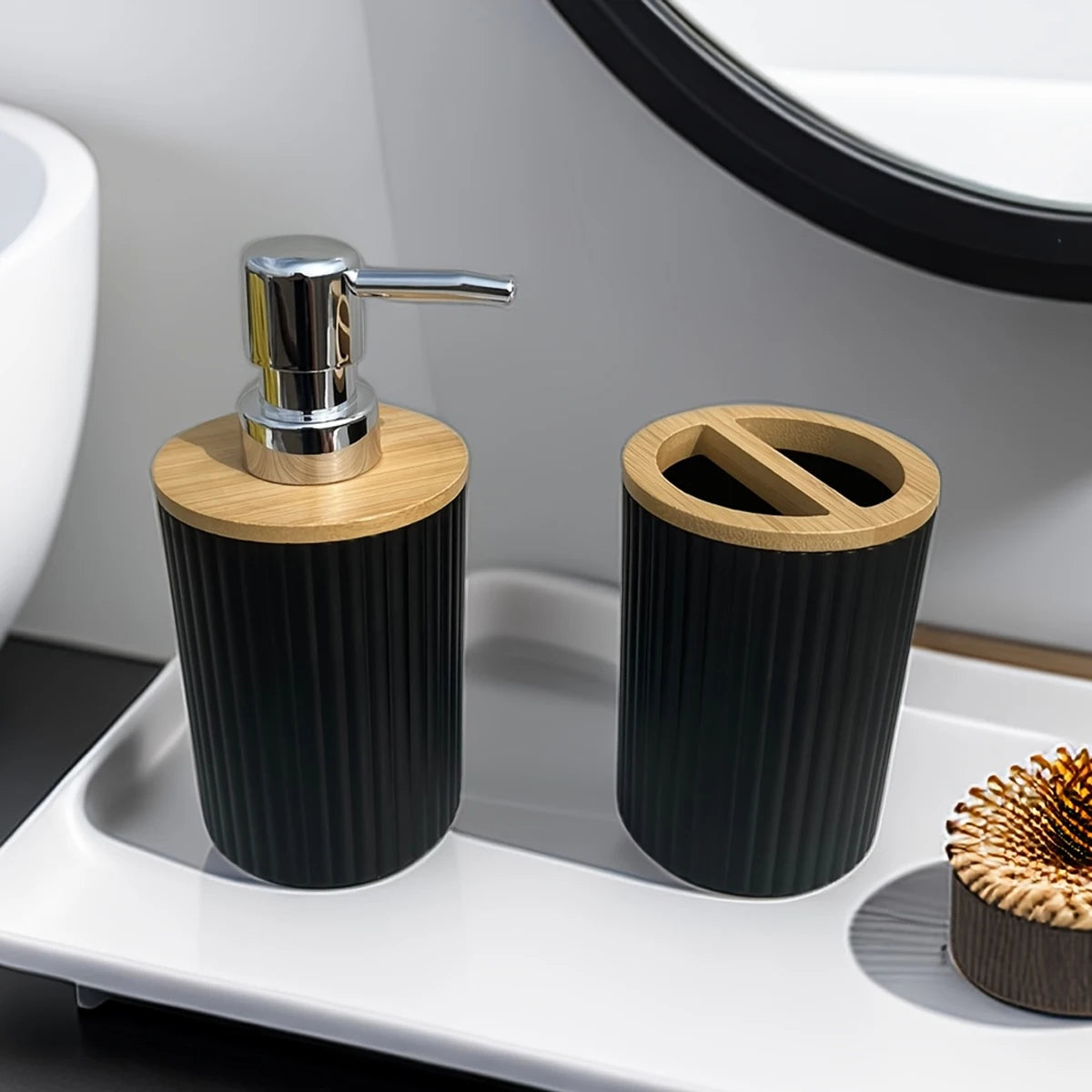 Bathroom Accessories Storage Box Set, PET & Bamboo Vanity Organizer with Soap Dispenser, Toothbrush & Cotton Swab Holder