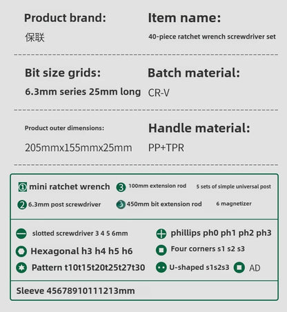BAOLIAN 40-Piece Screwdriver and Wrench Set, Ratchet Magnetic Screwdriver Bit Kit for Household DIY Repair