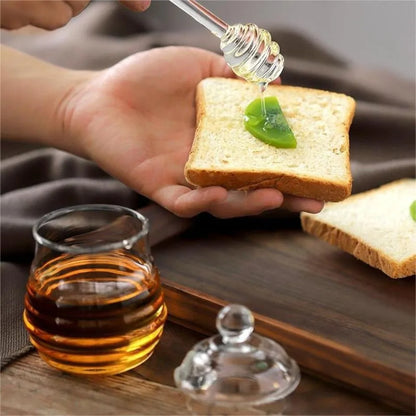 Transparent Honey Pot with Dipper and Lid – Honeycomb Design Honey Tank Kitchen Honey Bottle
